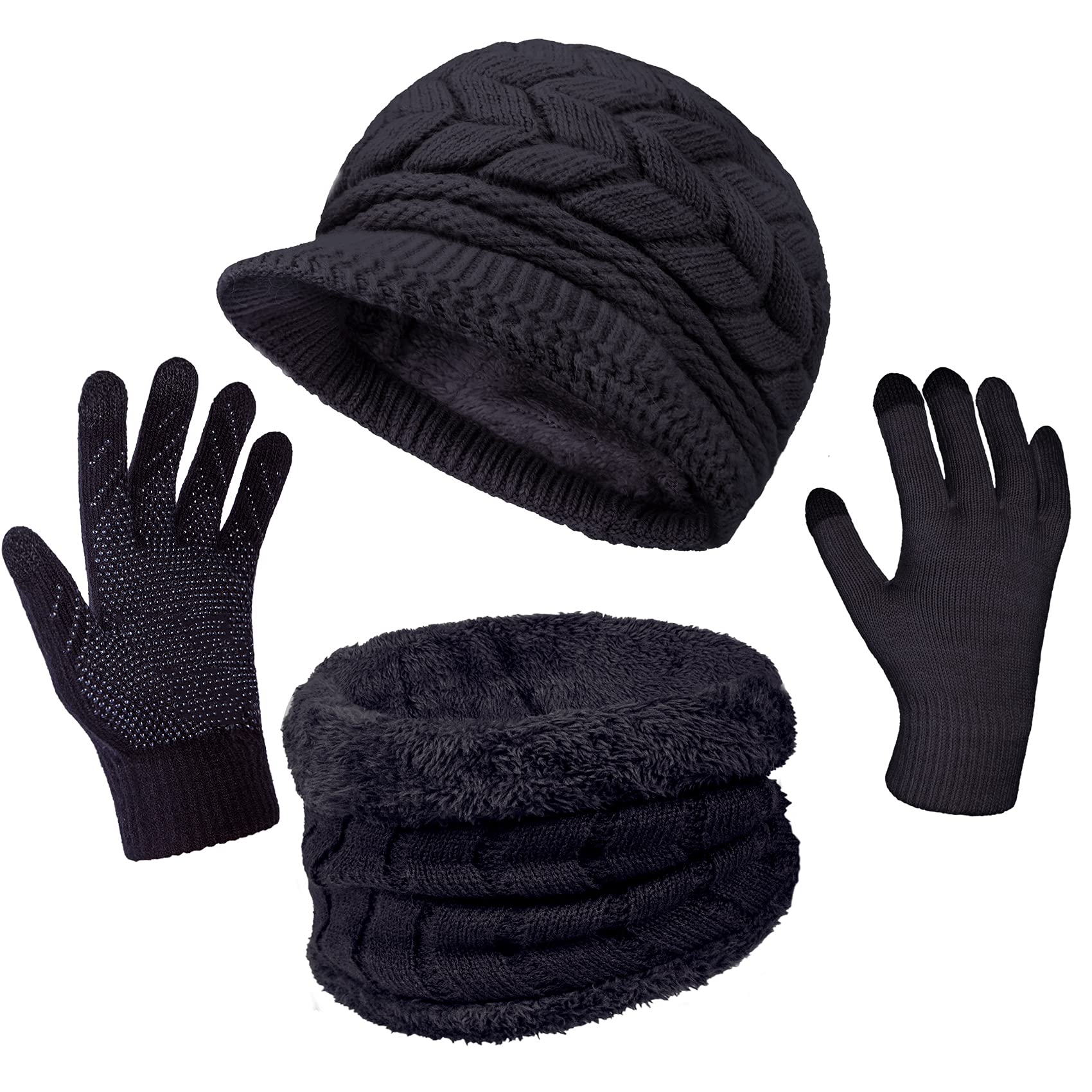 3-Pieces Winter Hat Gloves Scarf Set, Knit Warm Beanie Hat Neck Warmer Touch Screen Mittens for Women